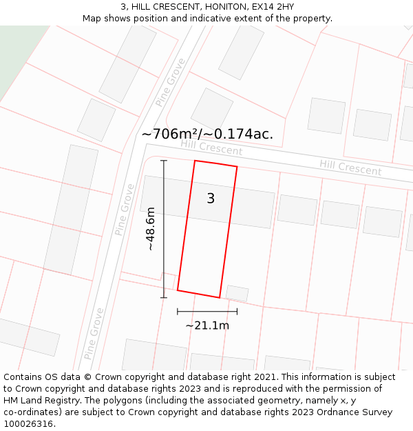 3, HILL CRESCENT, HONITON, EX14 2HY: Plot and title map