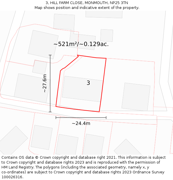 3, HILL FARM CLOSE, MONMOUTH, NP25 3TN: Plot and title map