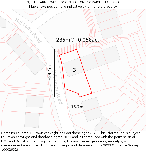 3, HILL FARM ROAD, LONG STRATTON, NORWICH, NR15 2WA: Plot and title map