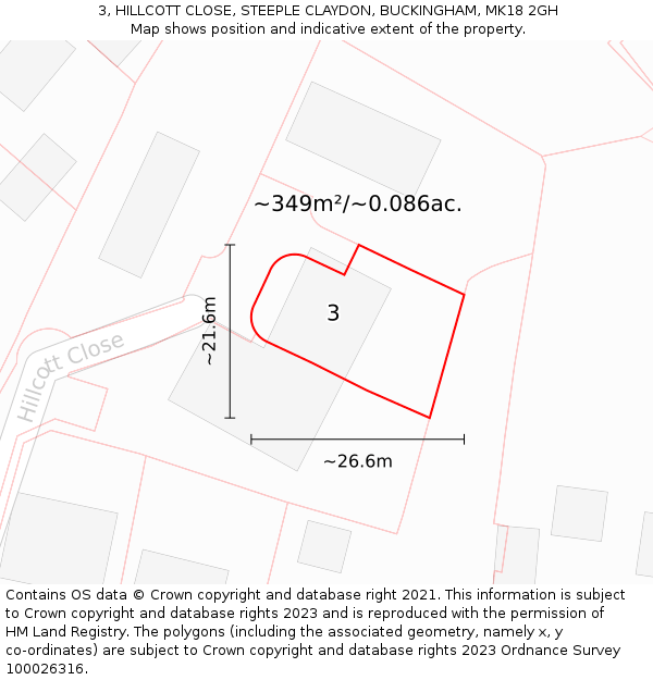 3, HILLCOTT CLOSE, STEEPLE CLAYDON, BUCKINGHAM, MK18 2GH: Plot and title map