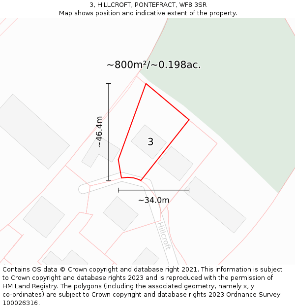 3, HILLCROFT, PONTEFRACT, WF8 3SR: Plot and title map