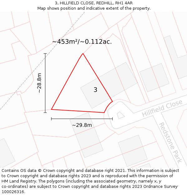 3, HILLFIELD CLOSE, REDHILL, RH1 4AR: Plot and title map