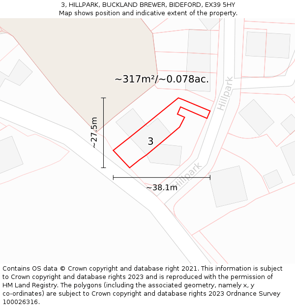 3, HILLPARK, BUCKLAND BREWER, BIDEFORD, EX39 5HY: Plot and title map