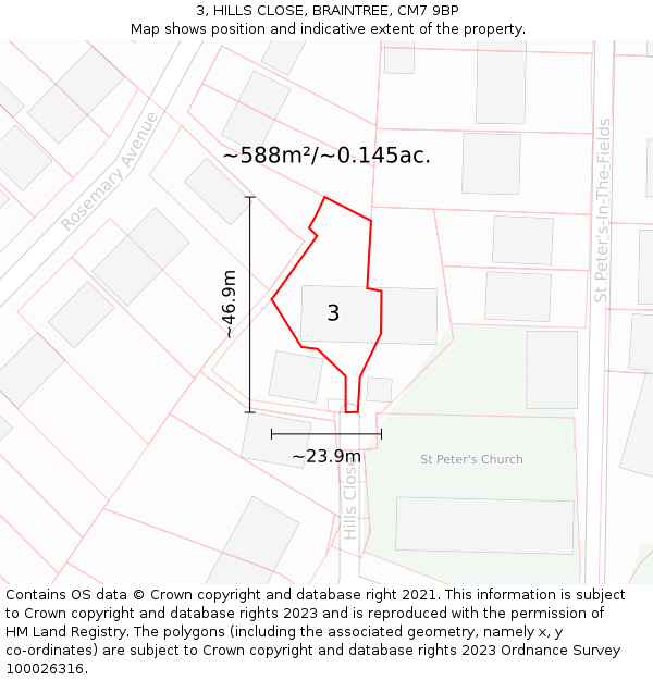 3, HILLS CLOSE, BRAINTREE, CM7 9BP: Plot and title map