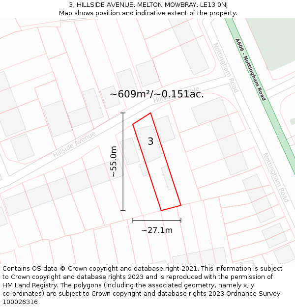 3, HILLSIDE AVENUE, MELTON MOWBRAY, LE13 0NJ: Plot and title map