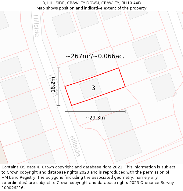 3, HILLSIDE, CRAWLEY DOWN, CRAWLEY, RH10 4XD: Plot and title map