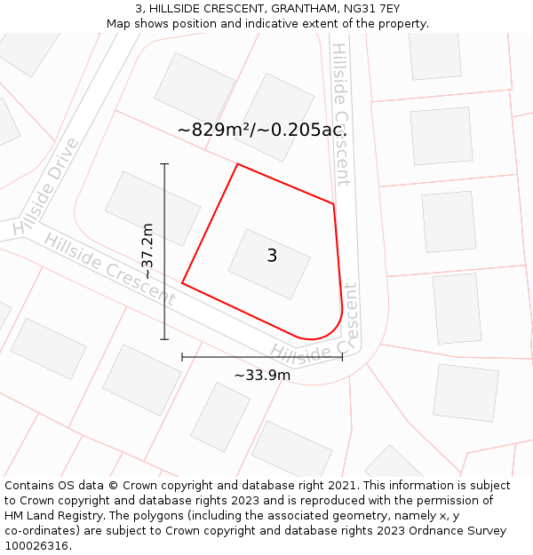 3, HILLSIDE CRESCENT, GRANTHAM, NG31 7EY: Plot and title map