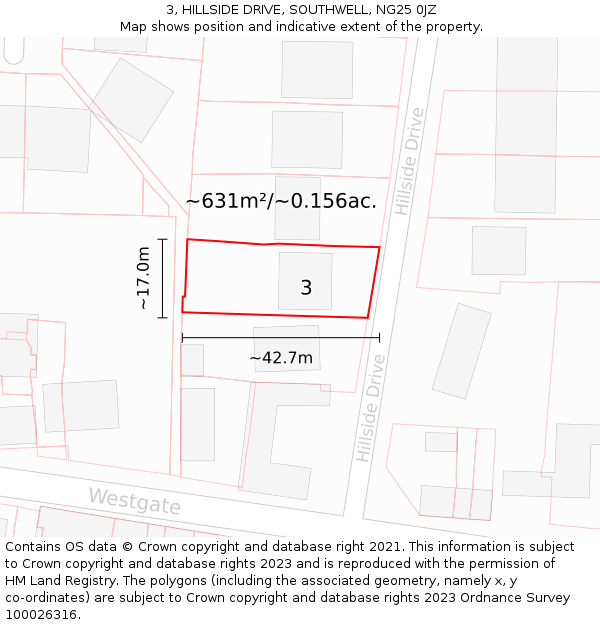 3, HILLSIDE DRIVE, SOUTHWELL, NG25 0JZ: Plot and title map