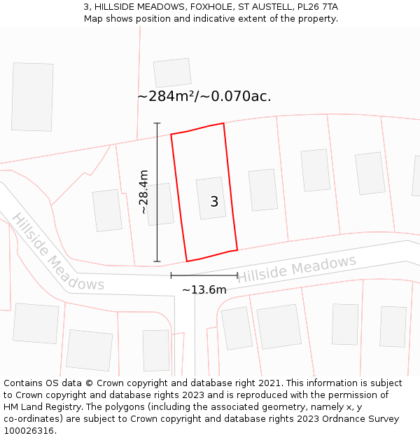 3, HILLSIDE MEADOWS, FOXHOLE, ST AUSTELL, PL26 7TA: Plot and title map