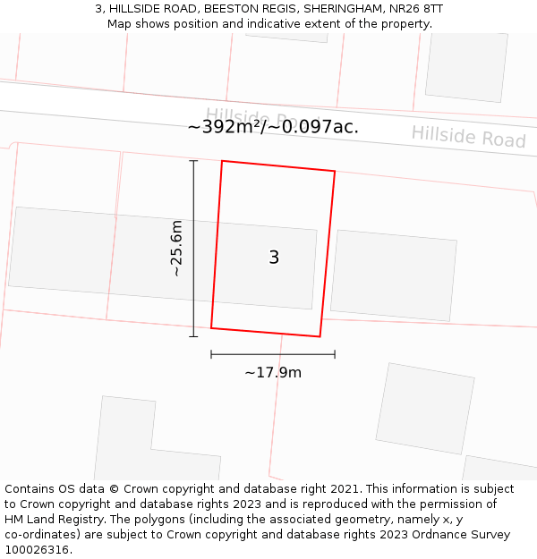 3, HILLSIDE ROAD, BEESTON REGIS, SHERINGHAM, NR26 8TT: Plot and title map