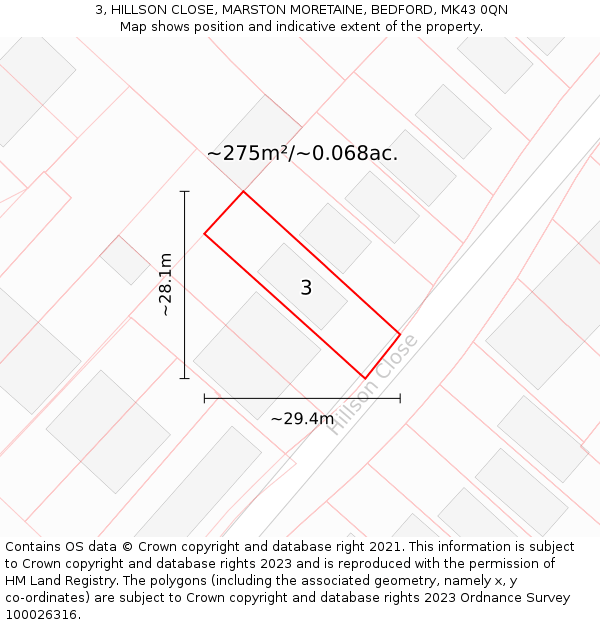 3, HILLSON CLOSE, MARSTON MORETAINE, BEDFORD, MK43 0QN: Plot and title map