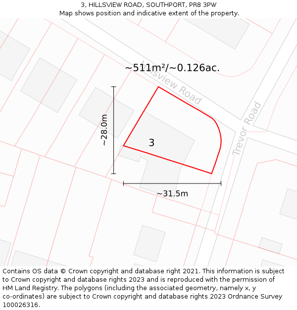 3, HILLSVIEW ROAD, SOUTHPORT, PR8 3PW: Plot and title map