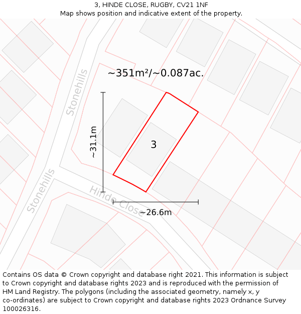 3, HINDE CLOSE, RUGBY, CV21 1NF: Plot and title map