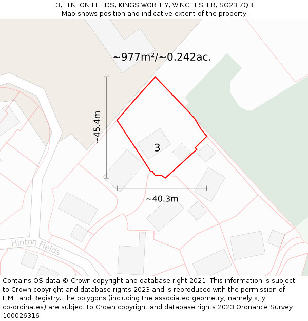 3, HINTON FIELDS, KINGS WORTHY, WINCHESTER, SO23 7QB: Plot and title map