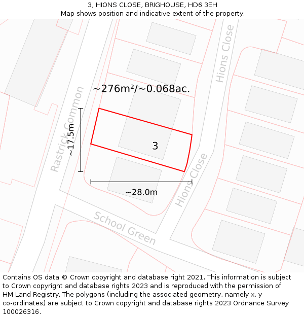 3, HIONS CLOSE, BRIGHOUSE, HD6 3EH: Plot and title map