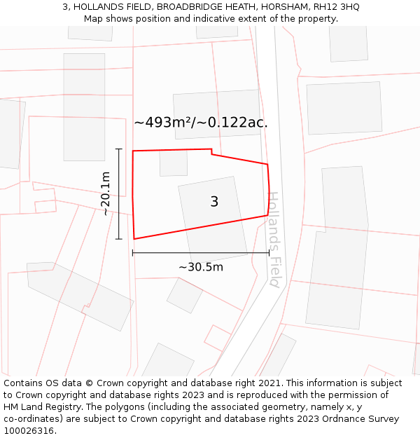 3, HOLLANDS FIELD, BROADBRIDGE HEATH, HORSHAM, RH12 3HQ: Plot and title map