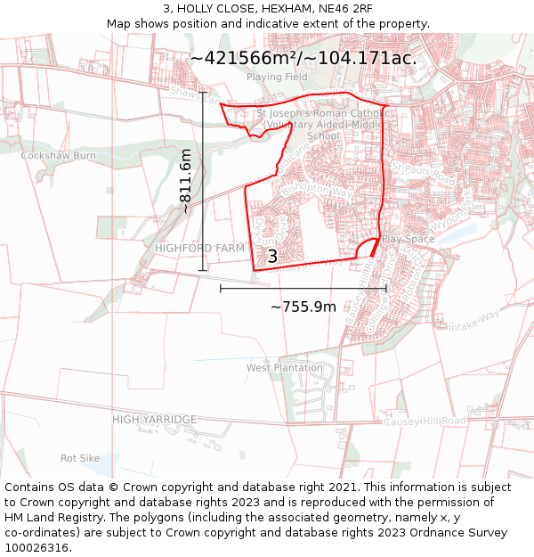 3, HOLLY CLOSE, HEXHAM, NE46 2RF: Plot and title map