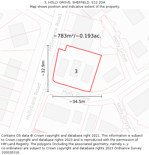 3, HOLLY GROVE, SHEFFIELD, S12 2DA: Plot and title map