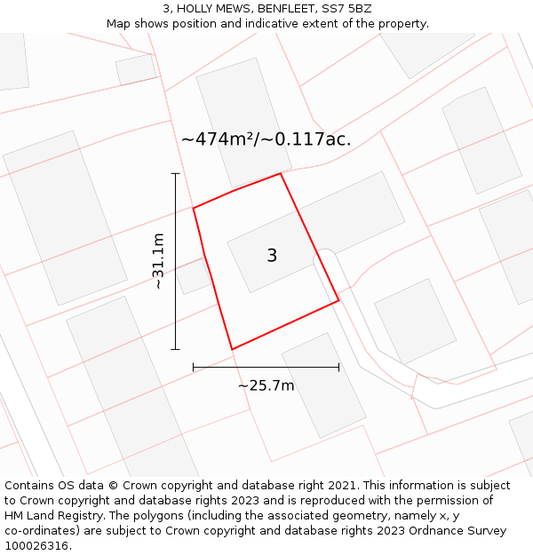 3, HOLLY MEWS, BENFLEET, SS7 5BZ: Plot and title map