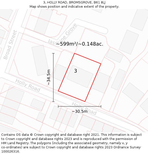 3, HOLLY ROAD, BROMSGROVE, B61 8LJ: Plot and title map