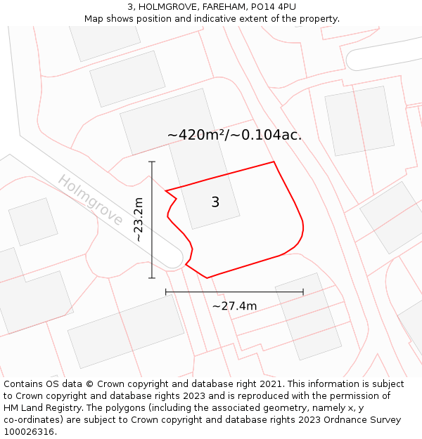 3, HOLMGROVE, FAREHAM, PO14 4PU: Plot and title map