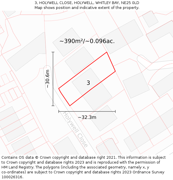 3, HOLYWELL CLOSE, HOLYWELL, WHITLEY BAY, NE25 0LD: Plot and title map