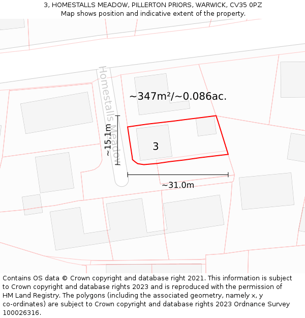 3, HOMESTALLS MEADOW, PILLERTON PRIORS, WARWICK, CV35 0PZ: Plot and title map