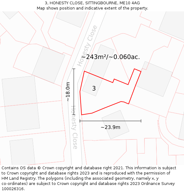 3, HONESTY CLOSE, SITTINGBOURNE, ME10 4AG: Plot and title map