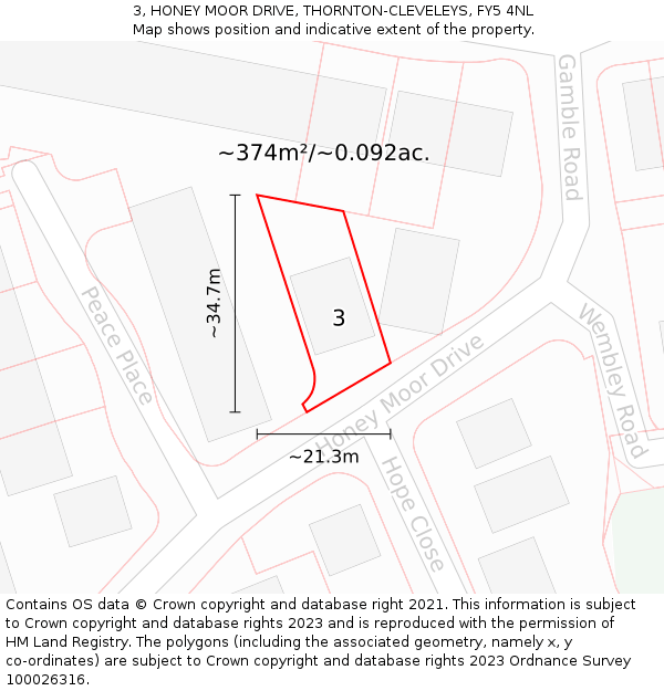 3, HONEY MOOR DRIVE, THORNTON-CLEVELEYS, FY5 4NL: Plot and title map