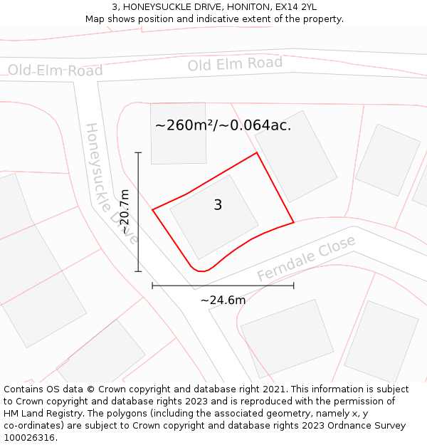 3, HONEYSUCKLE DRIVE, HONITON, EX14 2YL: Plot and title map