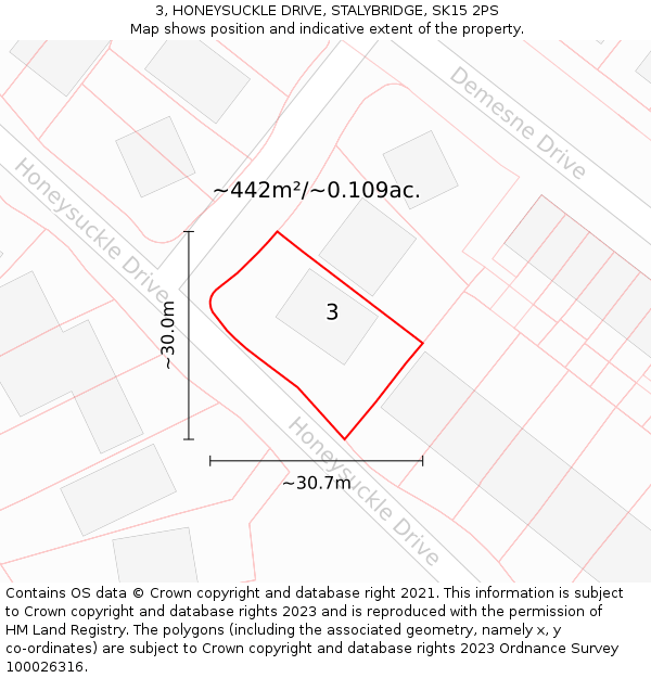 3, HONEYSUCKLE DRIVE, STALYBRIDGE, SK15 2PS: Plot and title map