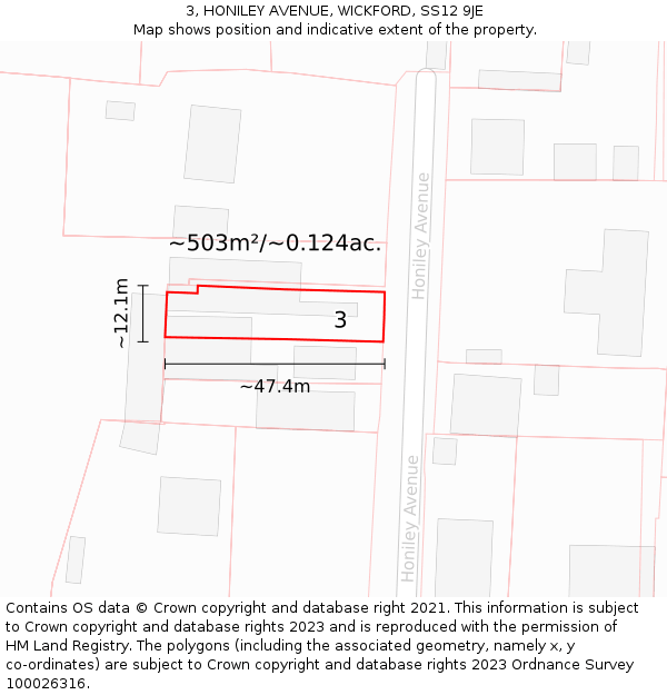 3, HONILEY AVENUE, WICKFORD, SS12 9JE: Plot and title map