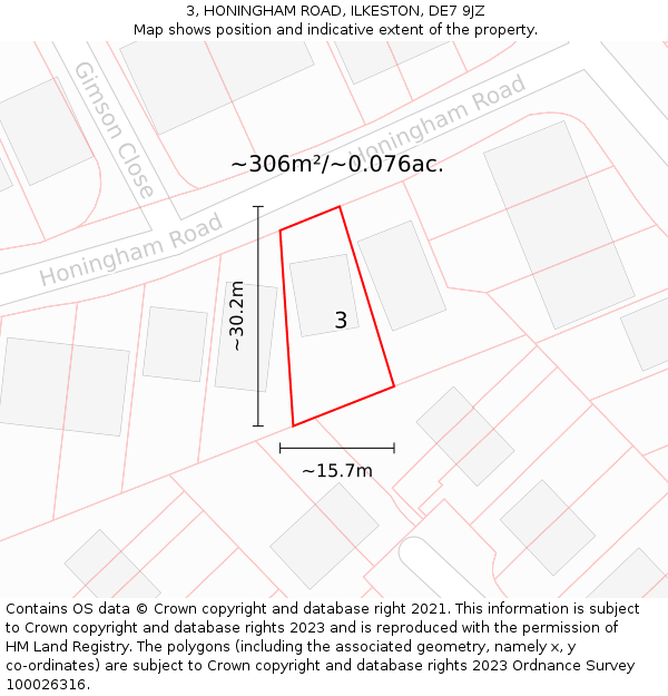3, HONINGHAM ROAD, ILKESTON, DE7 9JZ: Plot and title map