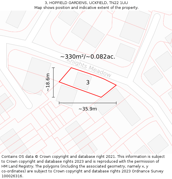 3, HOPFIELD GARDENS, UCKFIELD, TN22 1UU: Plot and title map