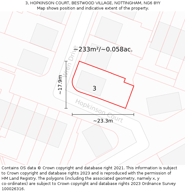 3, HOPKINSON COURT, BESTWOOD VILLAGE, NOTTINGHAM, NG6 8YY: Plot and title map