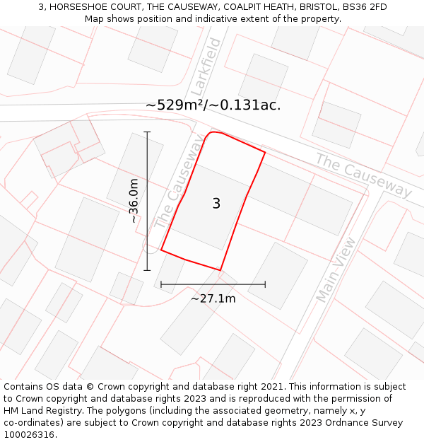3, HORSESHOE COURT, THE CAUSEWAY, COALPIT HEATH, BRISTOL, BS36 2FD: Plot and title map
