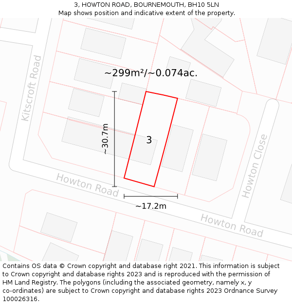 3, HOWTON ROAD, BOURNEMOUTH, BH10 5LN: Plot and title map