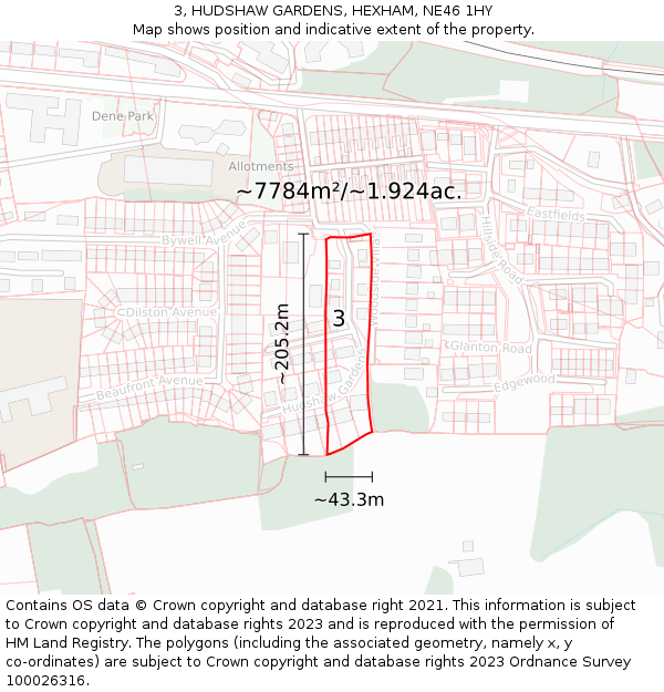 3, HUDSHAW GARDENS, HEXHAM, NE46 1HY: Plot and title map