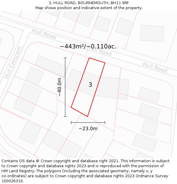 3, HULL ROAD, BOURNEMOUTH, BH11 9RF: Plot and title map