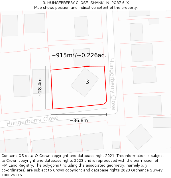 3, HUNGERBERRY CLOSE, SHANKLIN, PO37 6LX: Plot and title map