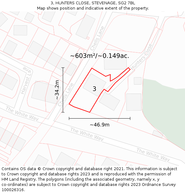 3, HUNTERS CLOSE, STEVENAGE, SG2 7BL: Plot and title map