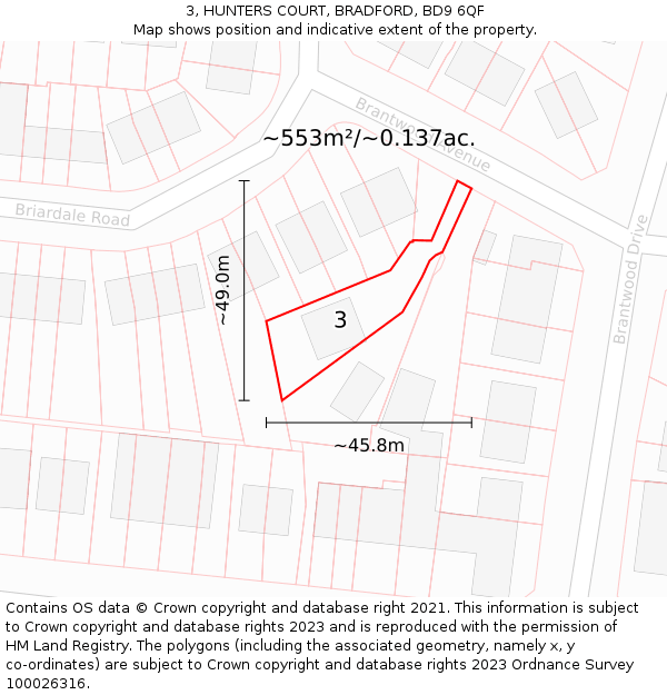 3, HUNTERS COURT, BRADFORD, BD9 6QF: Plot and title map