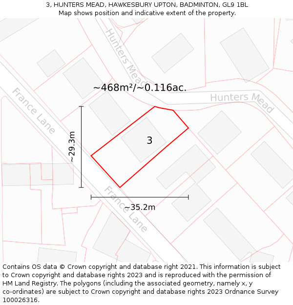 3, HUNTERS MEAD, HAWKESBURY UPTON, BADMINTON, GL9 1BL: Plot and title map