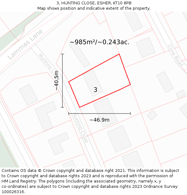 3, HUNTING CLOSE, ESHER, KT10 8PB: Plot and title map