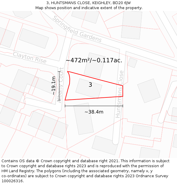 3, HUNTSMANS CLOSE, KEIGHLEY, BD20 6JW: Plot and title map