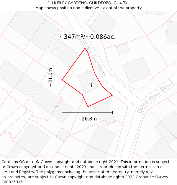 3, HURLEY GARDENS, GUILDFORD, GU4 7YH: Plot and title map