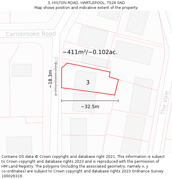3, HYLTON ROAD, HARTLEPOOL, TS26 0AD: Plot and title map