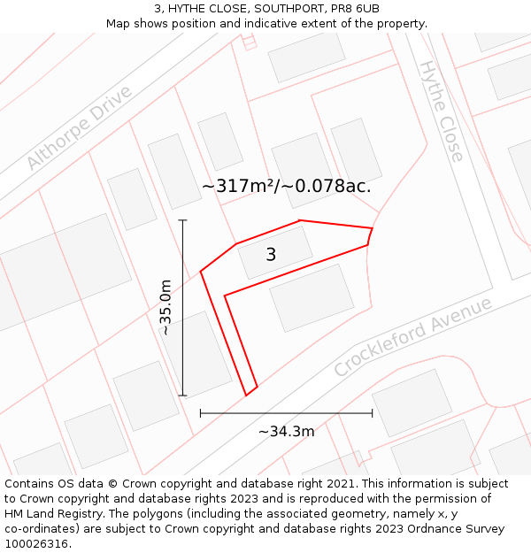 3, HYTHE CLOSE, SOUTHPORT, PR8 6UB: Plot and title map