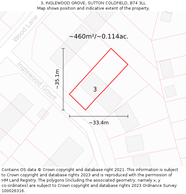 3, INGLEWOOD GROVE, SUTTON COLDFIELD, B74 3LL: Plot and title map