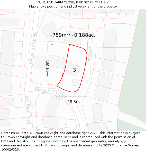 3, ISLAND FARM CLOSE, BRIDGEND, CF31 3LY: Plot and title map